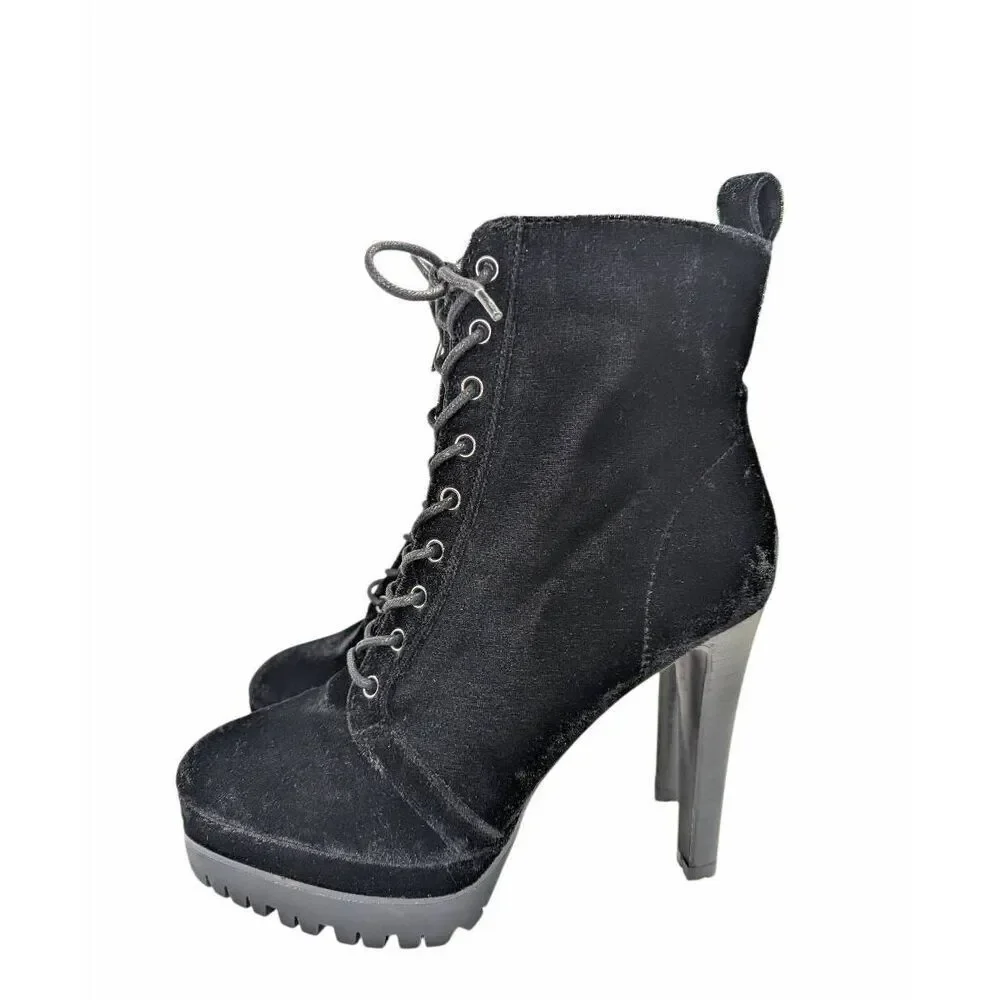 Aldo Aliria Black Velvet platform zip lace up bootie heels womens 8.5